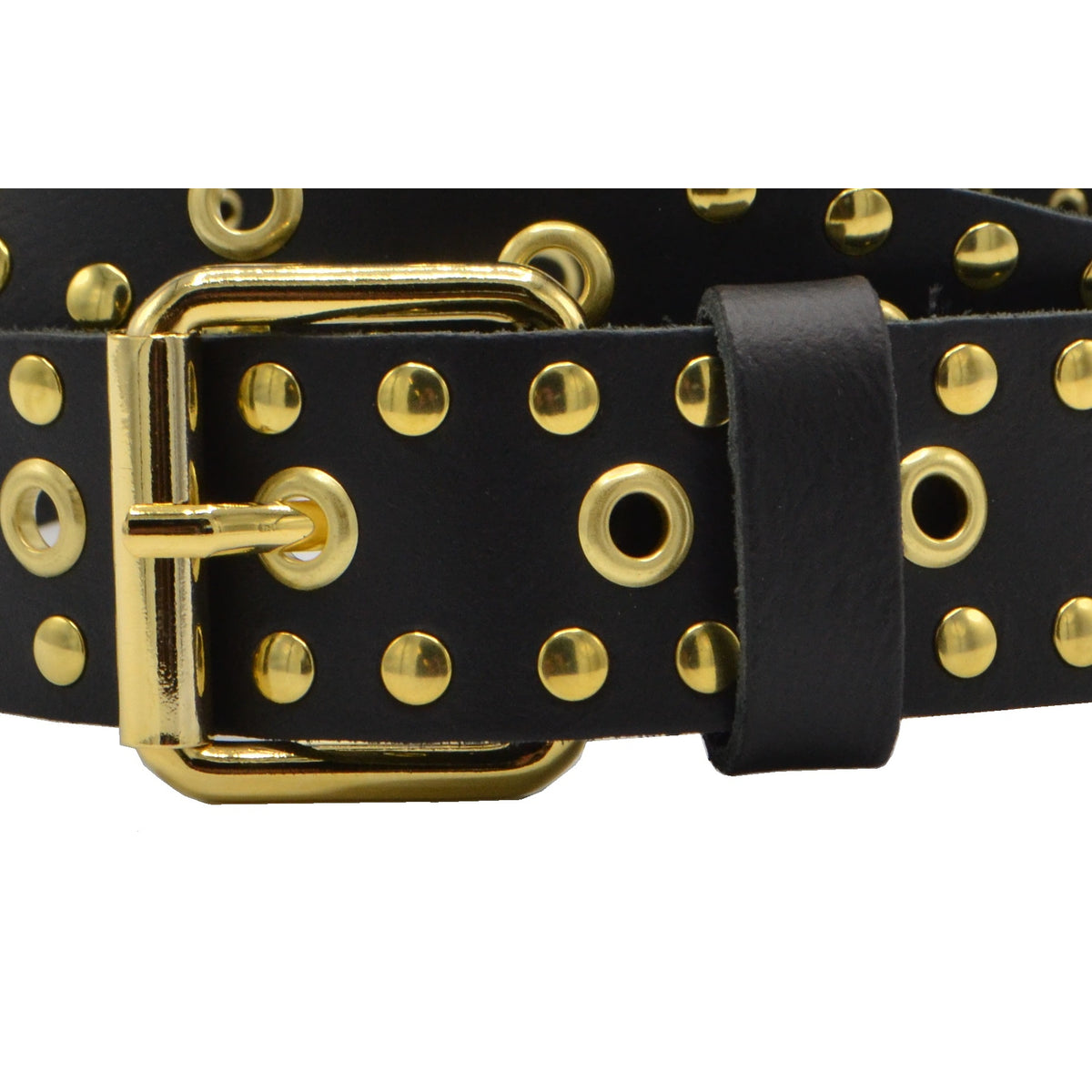 Zwarte soepele riem met gouden ringen en studs