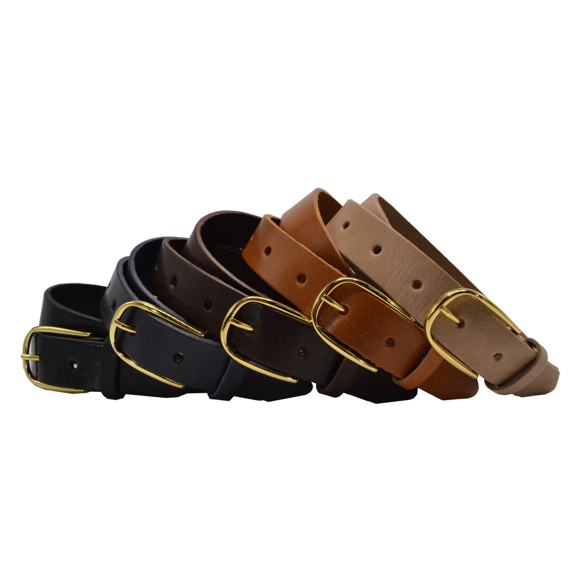 Blauwe 3cm brede riem met gouden gesp. 