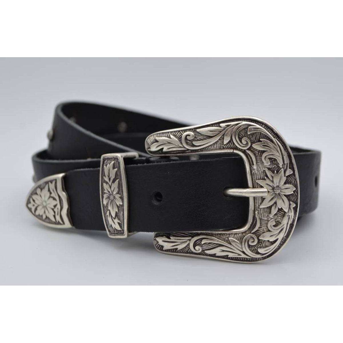 3cm zwarte western stud riem met oud zilveren gesp