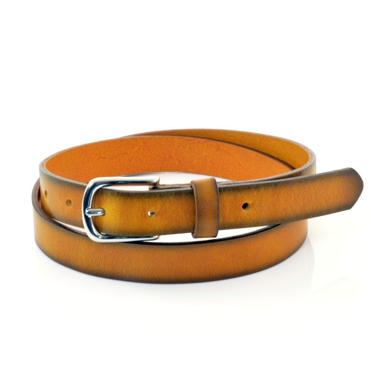 2,5 cm smalle cognac Vespa riem met gespoten zijkanten 