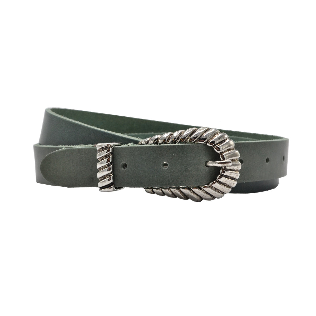 trendy smalle groene riem met uitgewerkte gesp. 