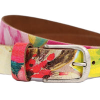 Kleurrijke riem, 30mm breed en oud zilveren smalle gesp.