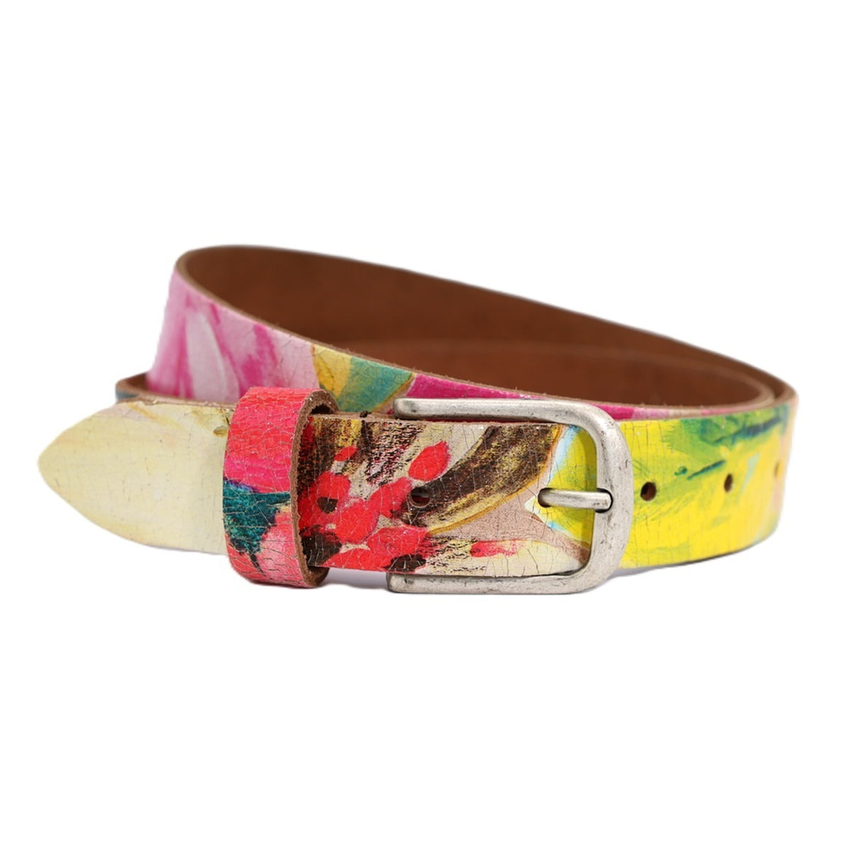Kleurrijke riem, 30mm breed en oud zilveren smalle gesp.