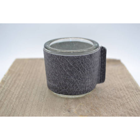 Kaarsenhouder voor theelicht met glas en grijs leer