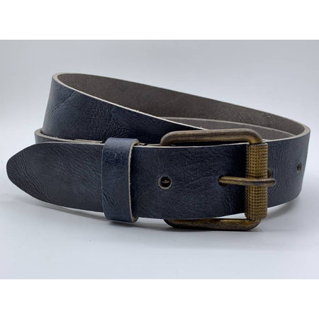 Stoere blauwe riem met gekreukt leer