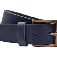 blauwe italiaans volnerf lederen riem met bronzen gesp