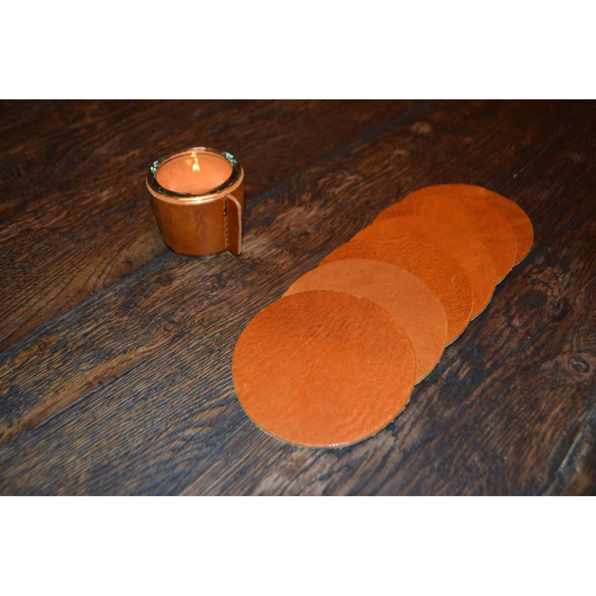 Kaarsenhouder voor theelicht. Glas en taupe leer