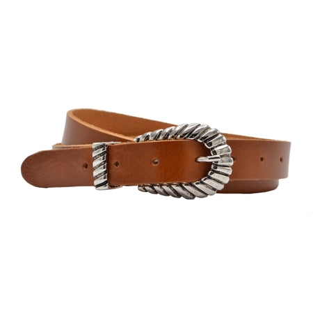 trendy smalle cognac riem met uitgewerkte gesp.