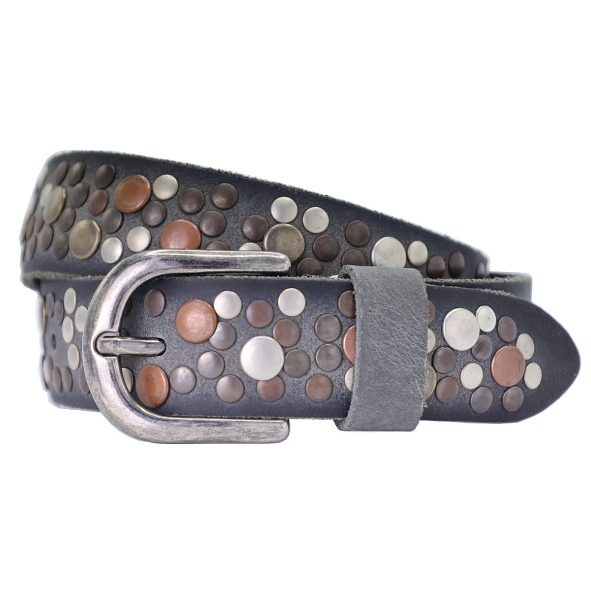 Zwart grijze S Oliver riem vol met verschillende studs.