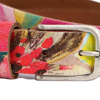 Kleurrijke riem, 30mm breed en oud zilveren smalle gesp.
