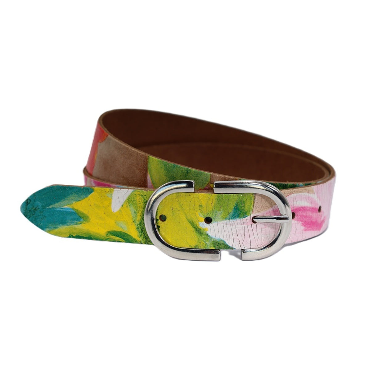 Kleurrijke riem, 30mm breed en zilveren subtiele  gesp. 