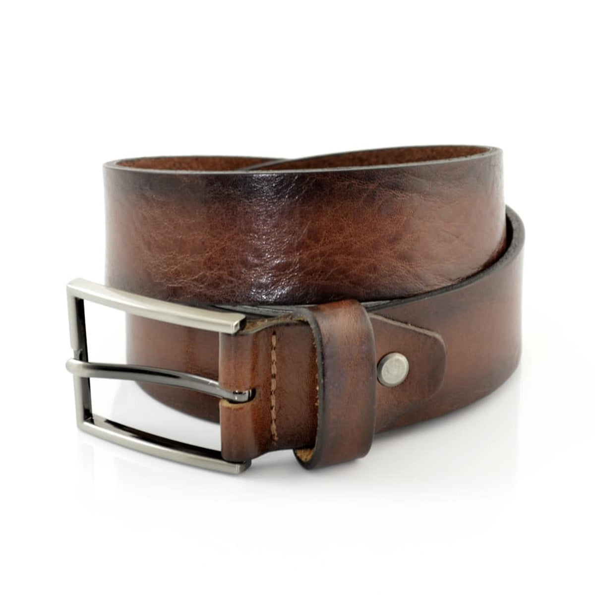 Cognac 3,5 cm brede riem met duidelijke leerstructuur.