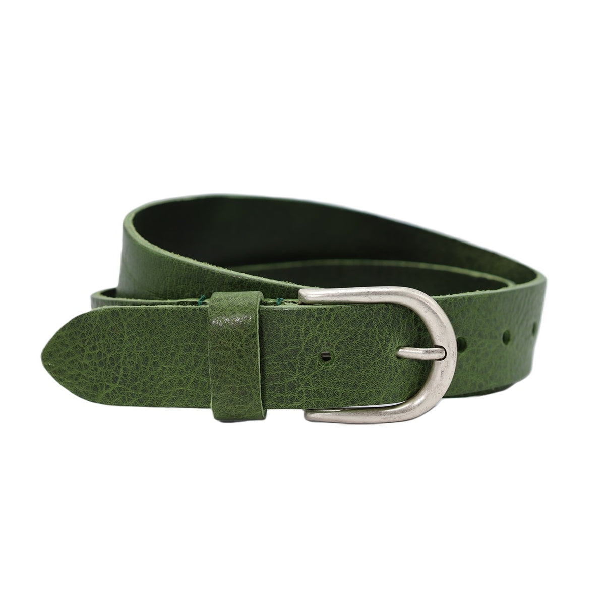Nette groene 3,5 cm brede damesriem met ronde zilvere gesp  