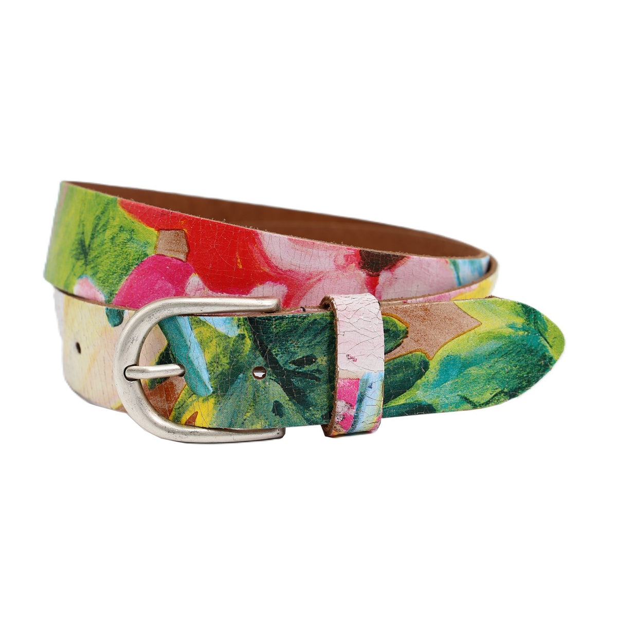 Kleurrijke riem 35mm breed en oud zilveren gesp