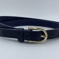 Blauwe smalle damesriem met gouden gesp