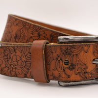Cognac bloemlaser echt lederen riem