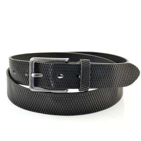 Zwarte 3,5cm brede riem gemaakt van Italiaans leer met een mooi patroon.  Met een zwarte gesp. 