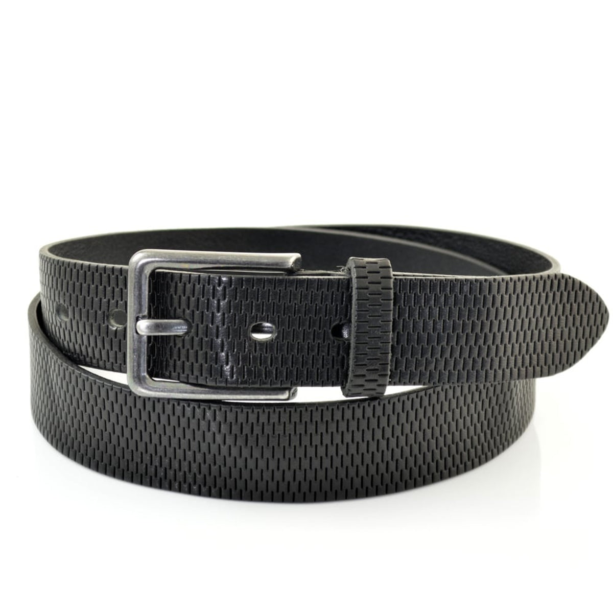 Zwarte 3,5cm brede riem gemaakt van Italiaans leer met een mooi patroon.  Met een zwarte gesp. 