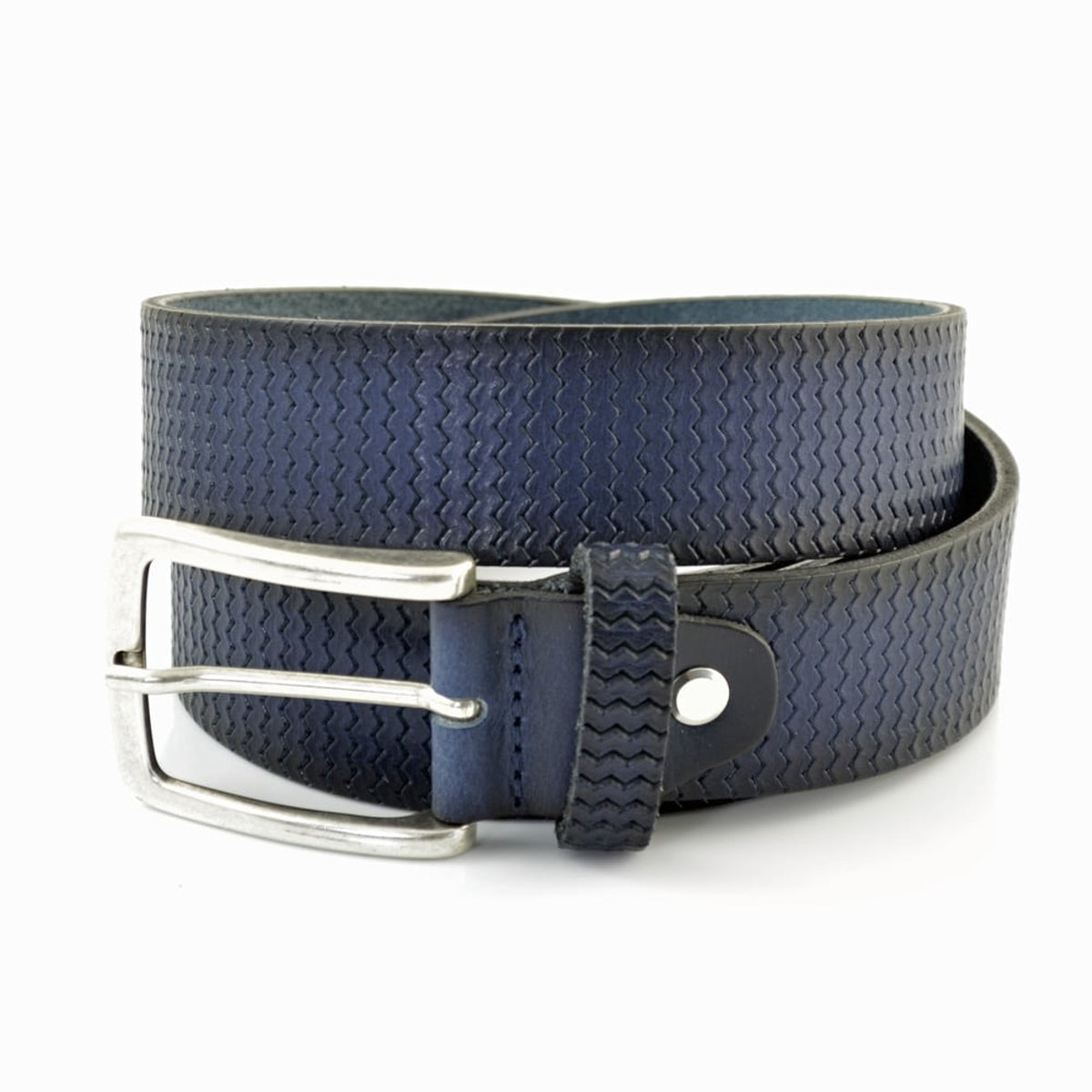 Blauwe 3,5cm brede riem gemaakt van Italiaans leer met een mooi patroon.