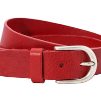 Nette rode 3,5 cm brede damesriem met ronde zilvere gesp