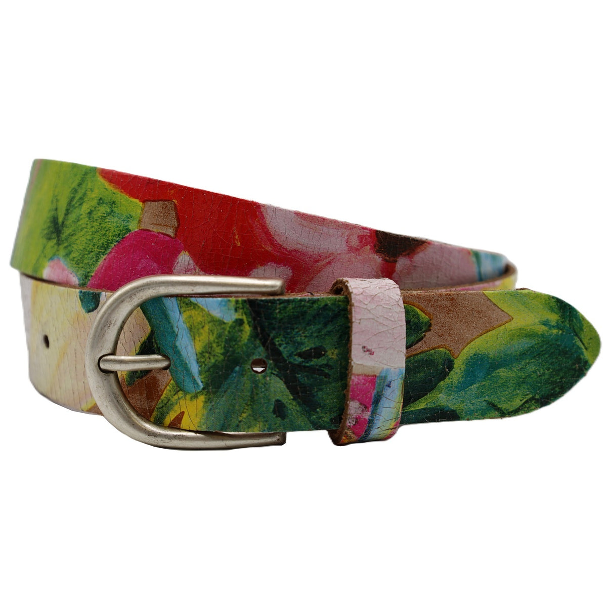 Kleurrijke riem 35mm breed en oud zilveren gesp
