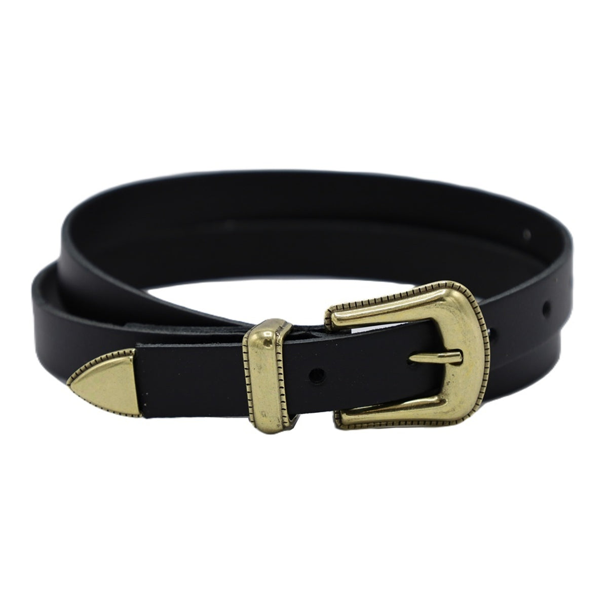 Zwarte smalle riem met western uitstraling. 