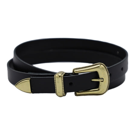 Zwarte smalle riem met western uitstraling. 