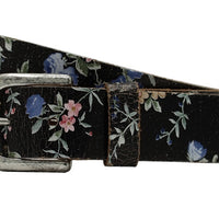3.5cm brede zwarte leren riem met bloem foliedruk