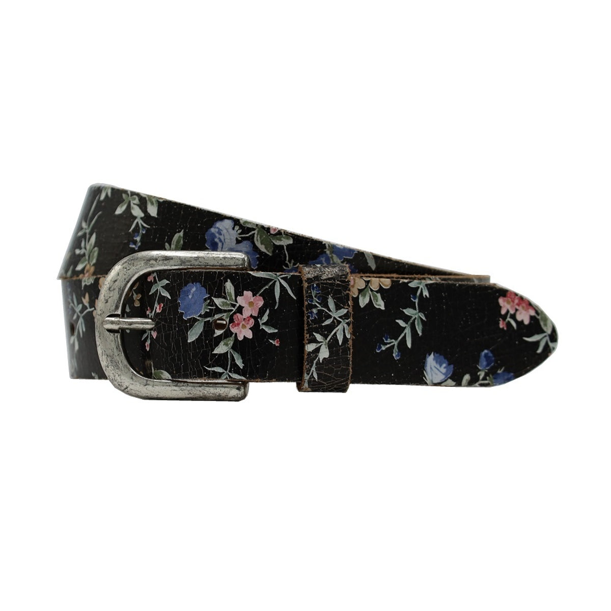 3.5cm brede zwarte leren riem met bloem foliedruk