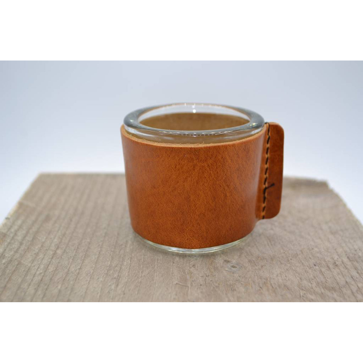 Kaarsenhouder voor theelicht met cognac leer 