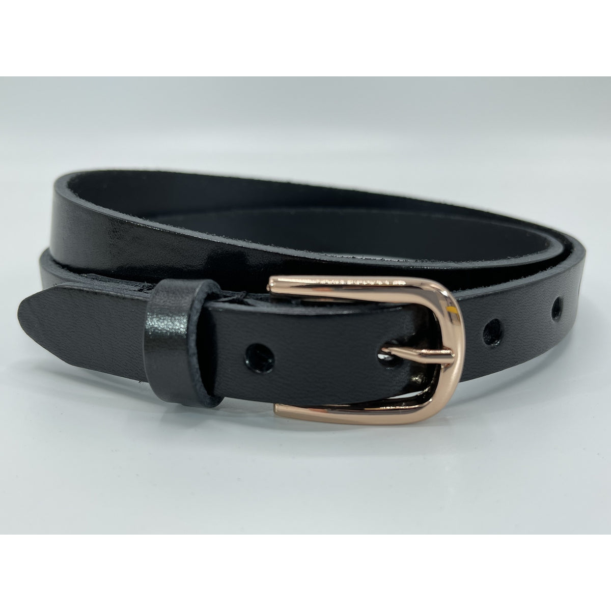 Zwarte 20mm brede riem met rose gouden gesp.