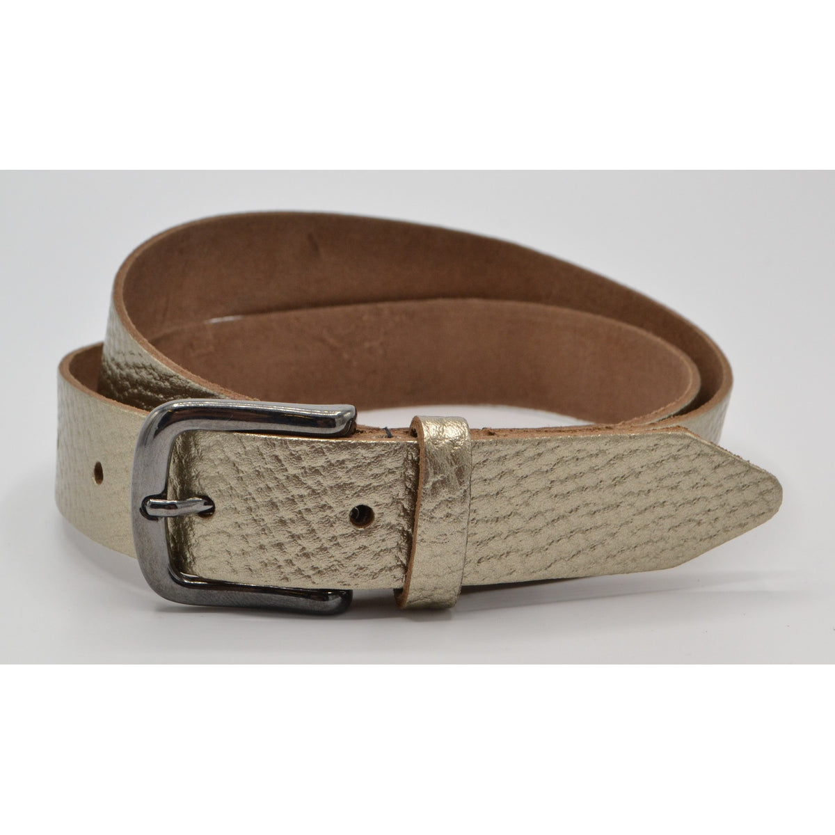 Gouden 3cm brede riem met metallic zwarte gesp.  