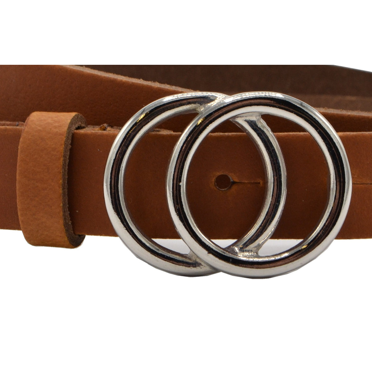 2.5cm brede cognac riem met zilver kleurige gesp.  