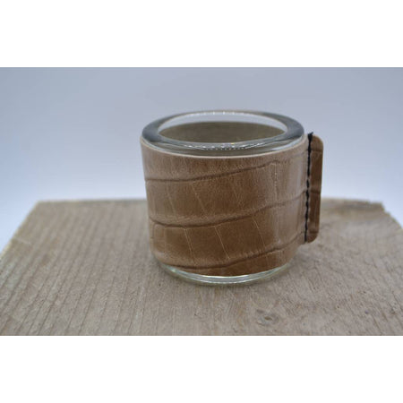 Kaarsenhouder voor theelicht. Glas en croco  naturel leer
