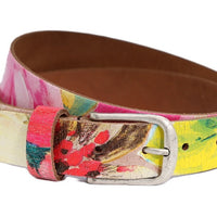 Kleurrijke riem, 30mm breed en oud zilveren smalle gesp.