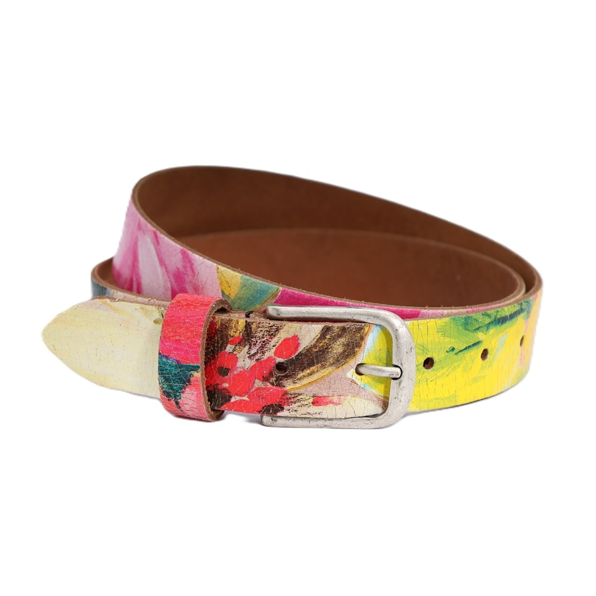 Kleurrijke riem, 30mm breed en oud zilveren smalle gesp.