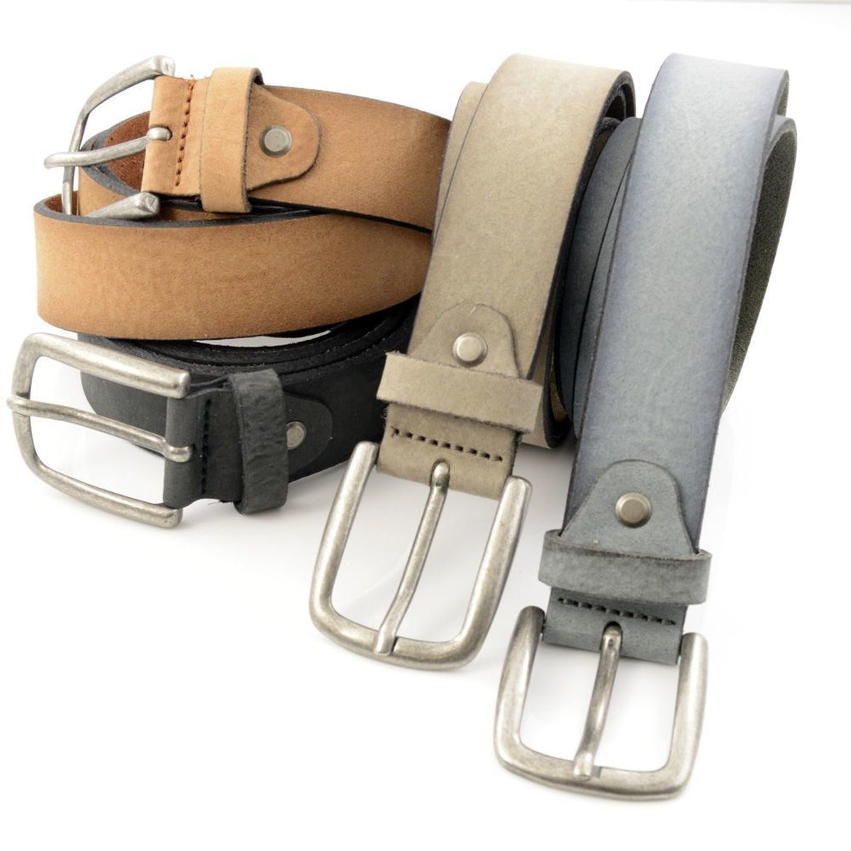 Taupe nubuck riem met donkere zijkantjes. 
