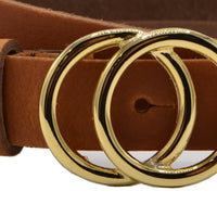 2.5cm brede cognac riem met goud kleurige gesp. 