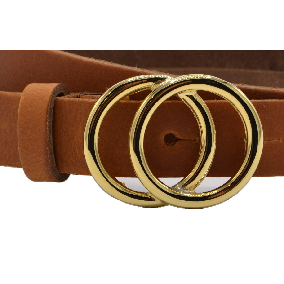 2.5cm brede cognac riem met goud kleurige gesp. 