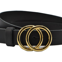 2.5cm brede zwarte riem met goud kleurige gesp.