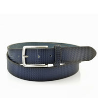 Blauwe 3,5cm brede riem gemaakt van Italiaans leer met een mooi patroon.