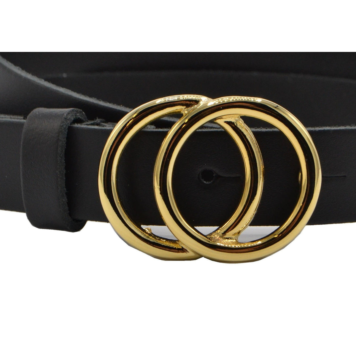2.5cm brede zwarte riem met goud kleurige gesp.