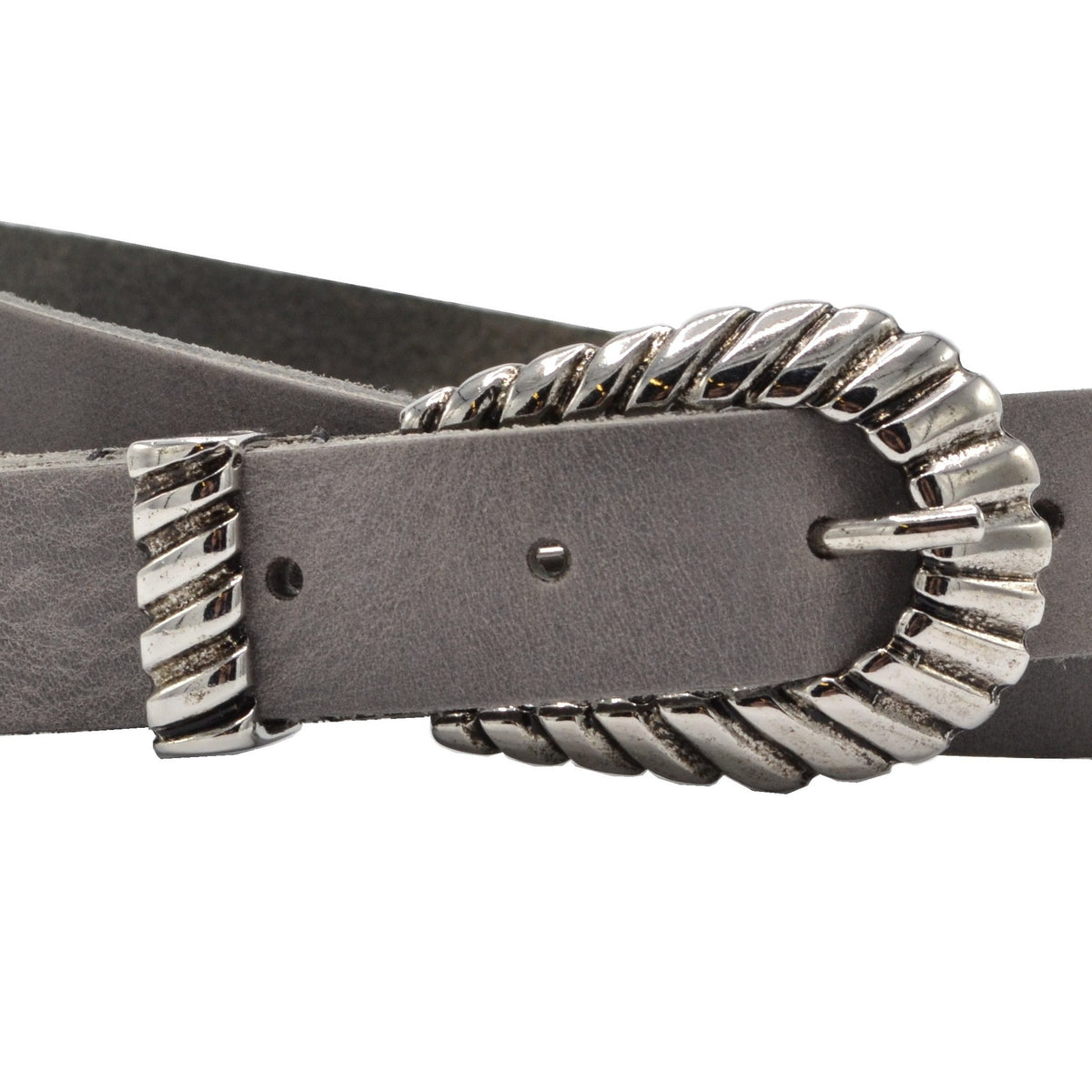 trendy smalle grijze riem met uitgewerkte gesp. 