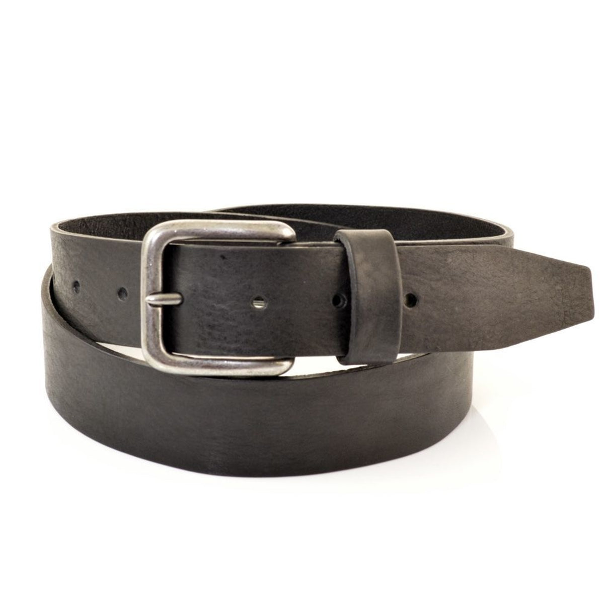 Zwarte 3,5 cm brede riem met grove structuur.