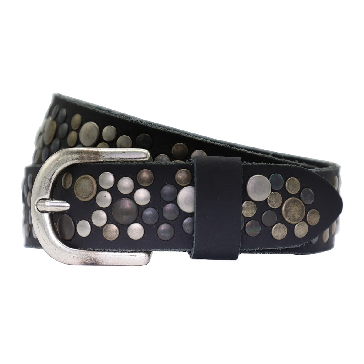 Zwarte S Oliver riem vol met verschillende studs.