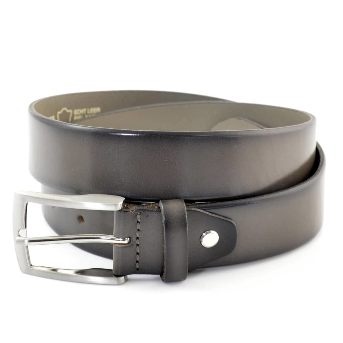 Grijze 3,5cm brede riem van plantaardig gelooid leer.