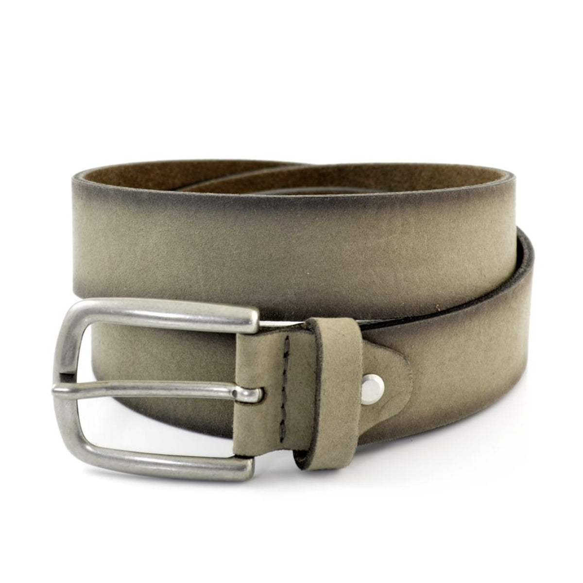 Taupe nubuck riem met donkere zijkantjes. 