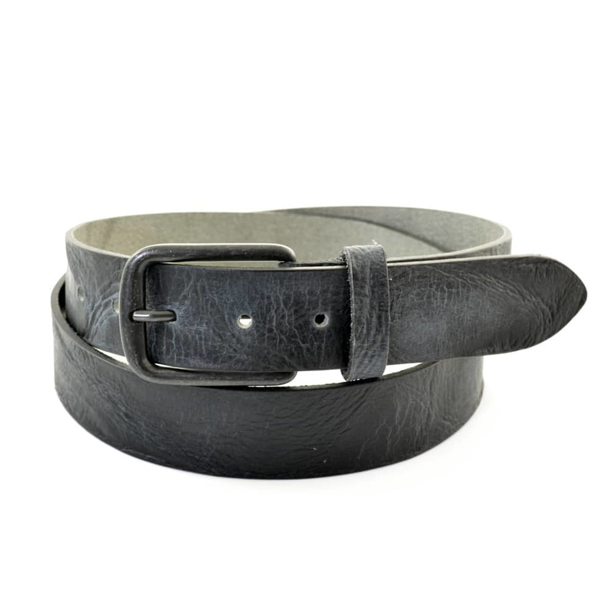 Blauw grijze 3,5 cm brede riem met hoogwaardig gekreukt leer. 