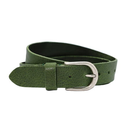 Nette groene 3,5 cm brede damesriem met ronde zilvere gesp  