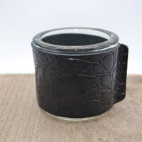 Kaarsenhouder voor theelicht. Glas en croco zwart leer
